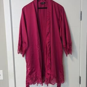 Loungeable Satin Robe With Lace Trim Raspberry Size L Large